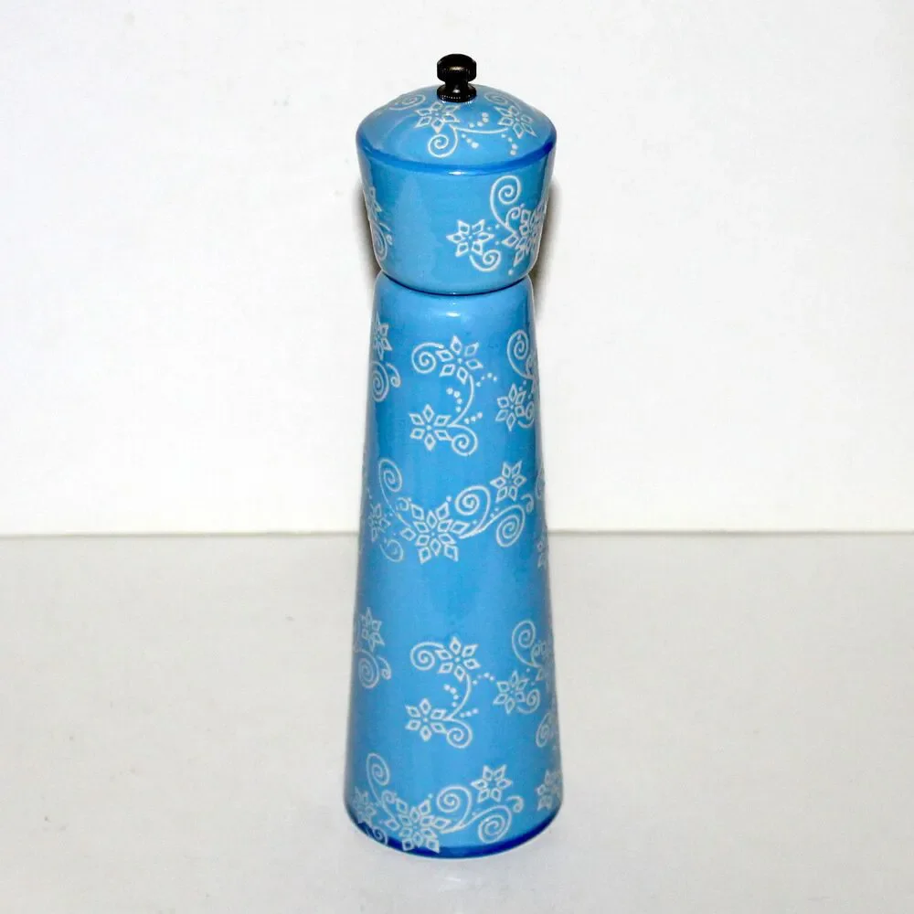 Temptations Pepper Grinder mill ceramic Blue Floral Lace Winter 10” white